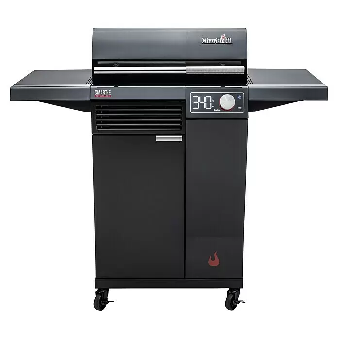 Char-Broil Elektrogrill Smart E - Grillfläche (B x T): 57 x 39 cm, 2,4 kW - Schwarzer Char-Broil Smart-E Tru-Infrared Elektrogrill mit Digitalanzeige, Seitenablagen und Unterschrank.