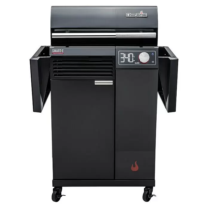 Char-Broil Elektrogrill Smart E - Grillfläche (B x T): 57 x 39 cm, 2,4 kW - Schwarzer Char-Broil Elektrogrill mit Digitalanzeige, Drehknopf und Rollen.