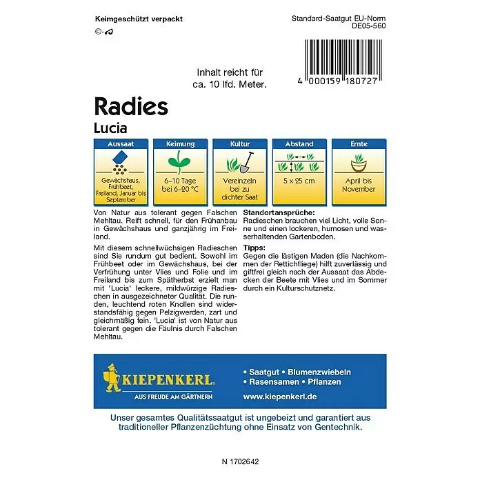 Kiepenkerl Profi-Line Gemüsesamen Radieschen - Raphanus sativus var. sativus, Saatzeit: Januar, Erntezeit: April - Rückansicht
