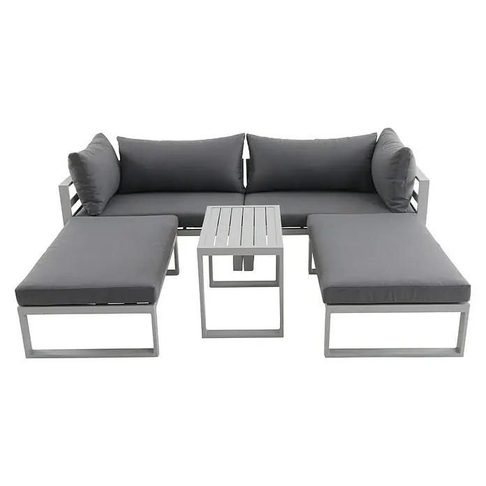 Sunfun Hannah Loungemöbel-Set - 5 -tlg., Aluminium, Grau - Graues Outdoor-Lounge-Set mit Sofa, zwei Ottomane und einem Couchtisch. Ideal für entspannte Stunden im Freien.