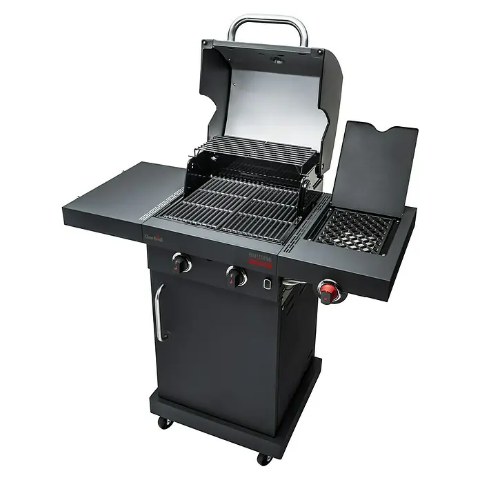 Char-Broil Gasgrill Professional Power Edition 2 - Grillfläche (B x T): 47,8 x 44,5 cm, 6,15 kW, Anzahl Brenner: 2 Stk. - Schwarzer Char-Broil Professional Gasgrill mit offenem Deckel, Seitenablagen und Bedienknöpfen für ein optimales Grillerlebnis.