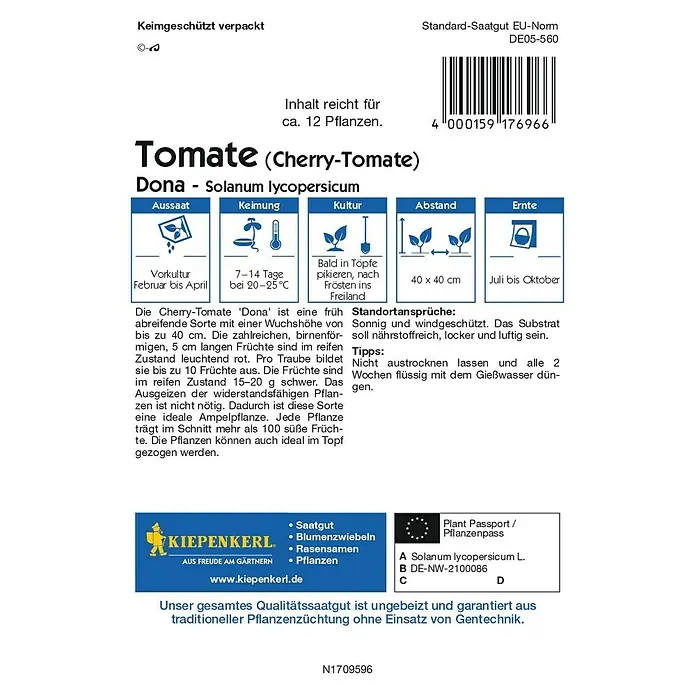 Kiepenkerl Profi-Line Gemüsesamen Cherrytomaten Dona F1 - Solanum lycopersicum, Saatzeit: Februar, Erntezeit: Juli - Bild einer Saatguttüte für "Dona" Cherry-Tomaten, die Informationen zu Anbau, Ernte und Pflegehinweise enthält.