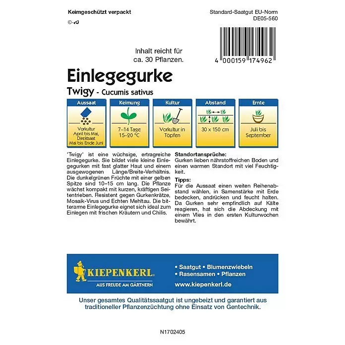 Kiepenkerl Profi-Line Gemüsesamen Einlegegurken - Cucumis sativus, Saatzeit: April, Erntezeit: Juli - Kiepenkerl Samentüte für Einlegegurke Twigy mit Anbauanleitung.