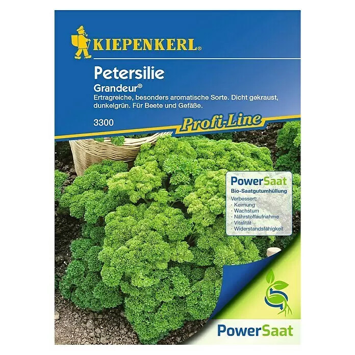 Kiepenkerl Profi-Line Gemüsesamen Petersilien PowerSaat - Petroselinum crispum, Saatzeit: Ganzjährig, Erntezeit: Juni - Blau-gelbe Kiepenkerl Petersilien-Samentüte 'Petersilie Grandeur' mit Bild von sattgrünen Petersilienpflanzen.