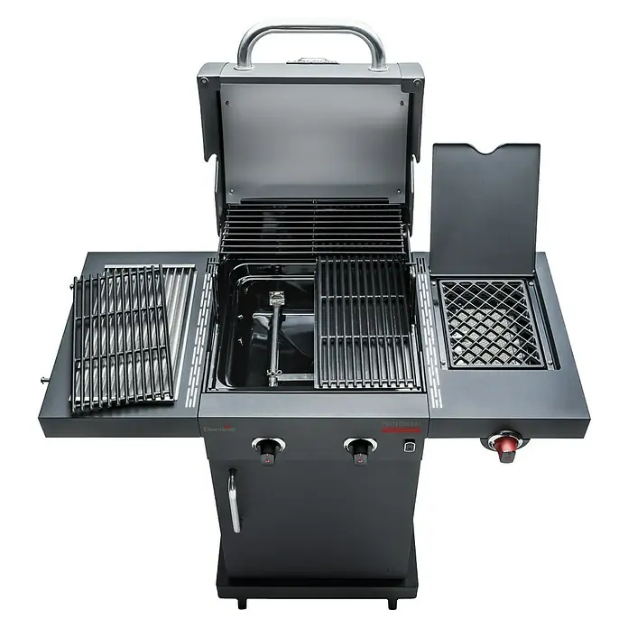 Char-Broil Gasgrill Professional Power Edition 2 - Grillfläche (B x T): 47,8 x 44,5 cm, 6,15 kW, Anzahl Brenner: 2 Stk. - Hier ist ein detailliertes Bild eines schwarzen Gasgrills mit geöffnetem Deckel und Seitenablagen, ideal für Grillliebhaber.