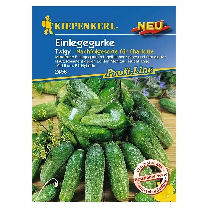 Kiepenkerl Profi-Line Gemüsesamen Einlegegurken - Cucumis sativus, Saatzeit: April, Erntezeit: Juli - KIEPENKERL 'Twigy' Einlegegurken-Saatgutbeutel mit frischen grünen Einlegegurken, teils im Glas, und Dillzweigen.