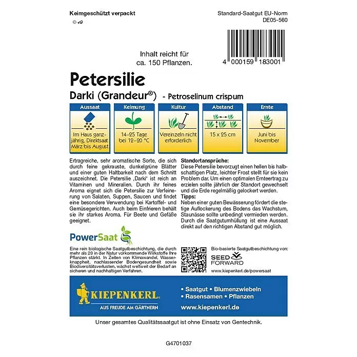 Kiepenkerl Profi-Line Gemüsesamen Petersilien PowerSaat - Petroselinum crispum, Saatzeit: Ganzjährig, Erntezeit: Juni - Kiepenkerl Samenpackung für Petersilie Darki (Petroselinum crispum) mit Anbauinformationen.