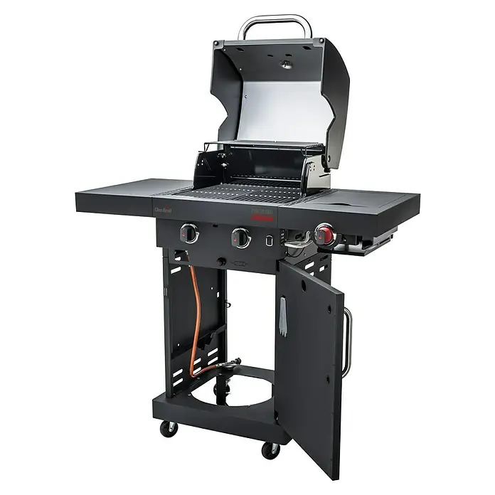 Char-Broil Gasgrill Professional Power Edition 2 - Grillfläche (B x T): 47,8 x 44,5 cm, 6,15 kW, Anzahl Brenner: 2 Stk. - Bild eines schwarzen Gasgrills mit offener Haube und Seitenablagen, ideal für Outdoor-Kocherlebnisse.