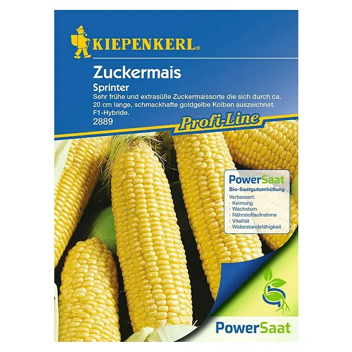 Kiepenkerl Profi-Line Gemüsesamen Zuckermais PowerSaat - Zea mays, Saatzeit: April, Erntezeit: August - Bild einer 'Zuckermais Sprinter' Samenpackung von Kiepenkerl, die goldgelbe Maiskolben zeigt.