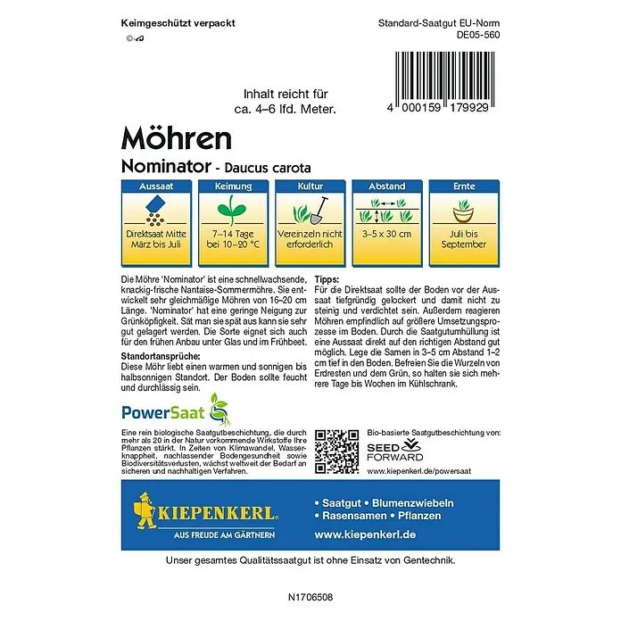 Kiepenkerl Profi-Line Gemüsesamen Möhren PowerSaat - Daucus carota, Saatzeit: März, Erntezeit: Juli - Möhren Nominator Saatgutpackung von Kiepenkerl. Das Saatgut reicht für ca. 4-6 Ifd. Meter und ist keimgeschützt verpackt.