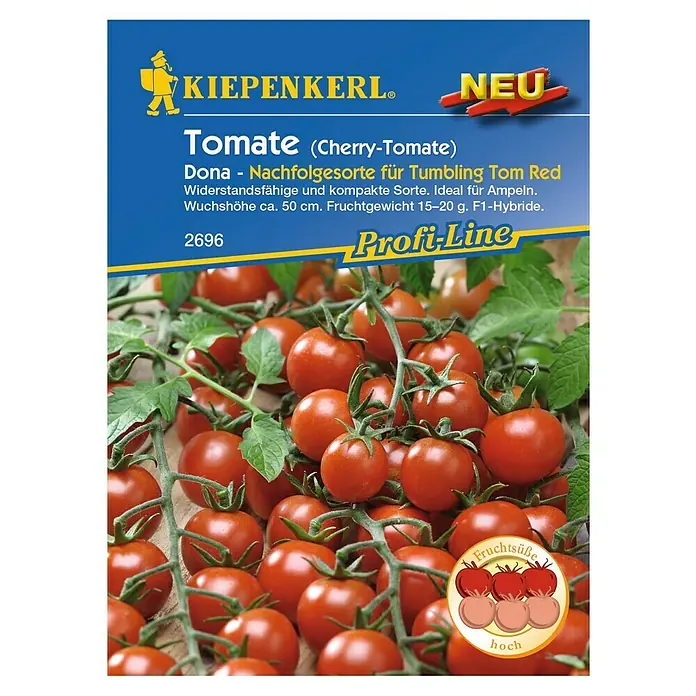 Kiepenkerl Profi-Line Gemüsesamen Cherrytomaten Dona F1 - Solanum lycopersicum, Saatzeit: Februar, Erntezeit: Juli - Abbildung der Tomatensamenpackung "Tomate (Cherry-Tomate) Dona - Nachfolgesorte für Tumbling Tom Red" von Kiepenkerl.