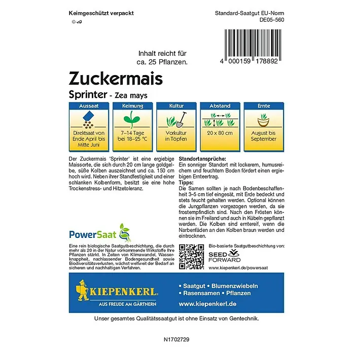 Kiepenkerl Profi-Line Gemüsesamen Zuckermais PowerSaat - Zea mays, Saatzeit: April, Erntezeit: August - Abbildung der Samenpackung von "Zuckermais Sprinter - Zea mays" mit Anbauhinweisen.