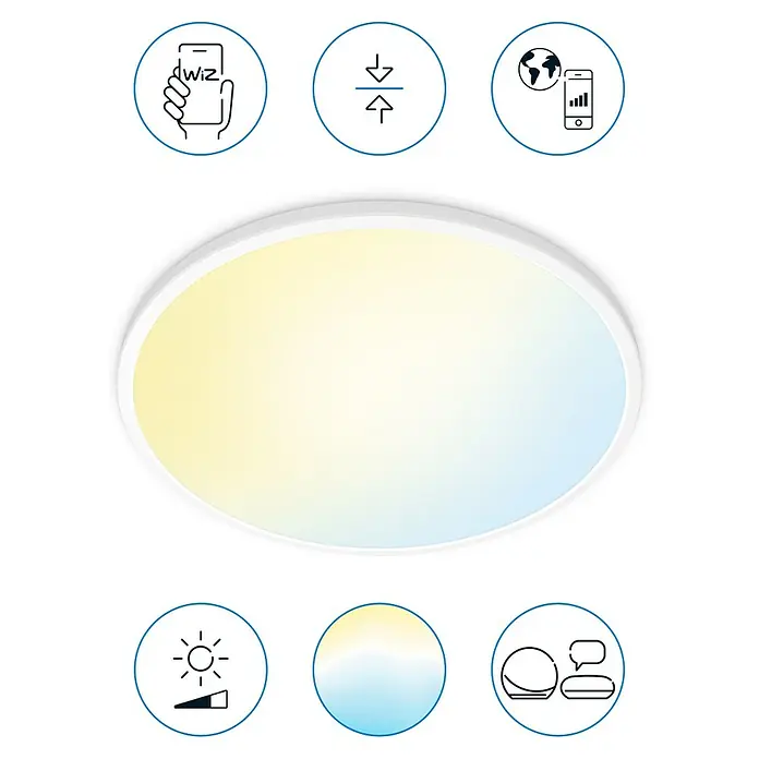 Philips Wiz LED-Panel rund SuperSlim - 32 W, Ø x H: 55 x 2,3 cm, Weiß, Kaltweiß - Intelligente Deckenleuchte mit Farbtemperaturregelung und App-Steuerung für eine gemütliche Atmosphäre im Raum.