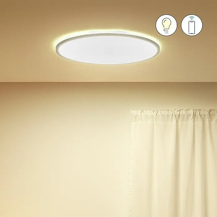 Philips Wiz LED-Panel rund SuperSlim - 32 W, Ø x H: 55 x 2,3 cm, Weiß, Kaltweiß - Ein modernes LED-Deckenpanel, das flächenbündig an der Decke montiert ist und eine helle, gleichmäßige Ausleuchtung bietet.