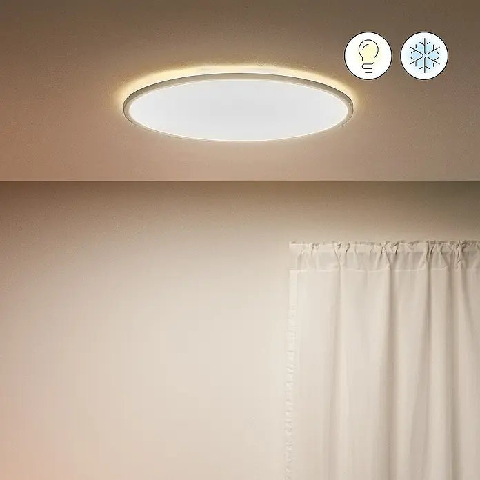 Philips Wiz LED-Panel rund SuperSlim - 32 W, Ø x H: 55 x 2,3 cm, Weiß, Kaltweiß - Moderne LED-Deckenleuchte mit schlankem Design, die warmes und kaltes Licht bietet, ideal für Wohnräume mit Vorhängen.