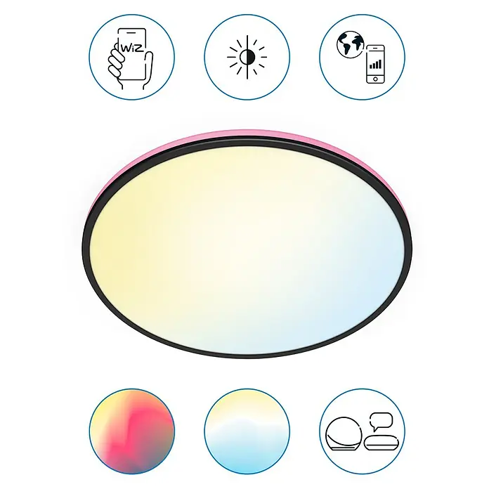 Philips Wiz LED-Deckenleuchte rund - 21 W, Ø x H: 40 x 4,5 cm, Schwarz, Kaltweiß - Produktabbildung einer intelligenten WiZ-Deckenleuchte mit Farbwechselfunktion, die sich per App steuern lässt und verschiedene Lichtmodi bietet.