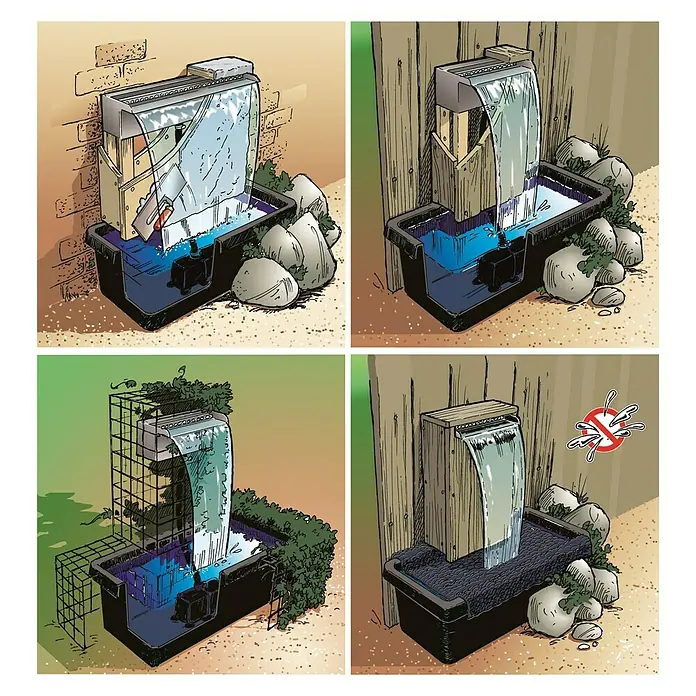 Ubbink Einbau-Wasserfall Niagara LED 30 Set - 12,5 x 30 x 10 cm, Edelstahl, Leuchtmittel: LED - Verschiedene Gartenteich-Wasserfall-Designs, die sich an verschiedene Hintergründe anpassen. Dekorative Steine ​​umgeben die Teiche.