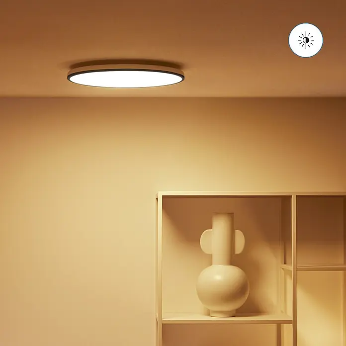 Philips Wiz LED-Deckenleuchte rund - 21 W, Ø x H: 40 x 4,5 cm, Schwarz, Kaltweiß - Nahaufnahme einer modernen Deckenleuchte mit rundem Design, ideal für stilvolle Innenräume und energiesparende Beleuchtung.