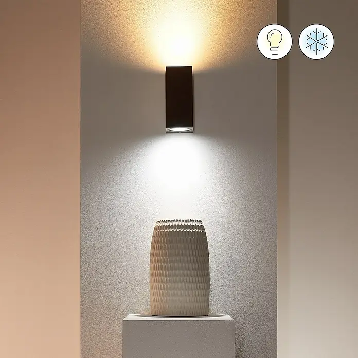 Philips Wiz LED-Außenwandleuchte Up & Down - 5 W, L x B x H: 9,2 x 6,8 x 15 cm, Schwarz, RGBW - Wandleuchte mit warmweißem Licht beleuchtet eine elegante Vase auf einem Sockel, akzentuiert durch die moderne Beleuchtung.