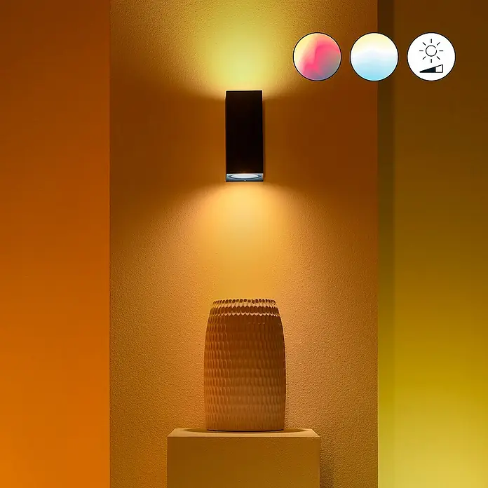 Philips Wiz LED-Außenwandleuchte Up & Down - 5 W, L x B x H: 9,2 x 6,8 x 15 cm, Schwarz, RGBW - Wandleuchte mit verschiedenen Farbeinstellungen beleuchtet eine Vase, die auf einem Podest steht.