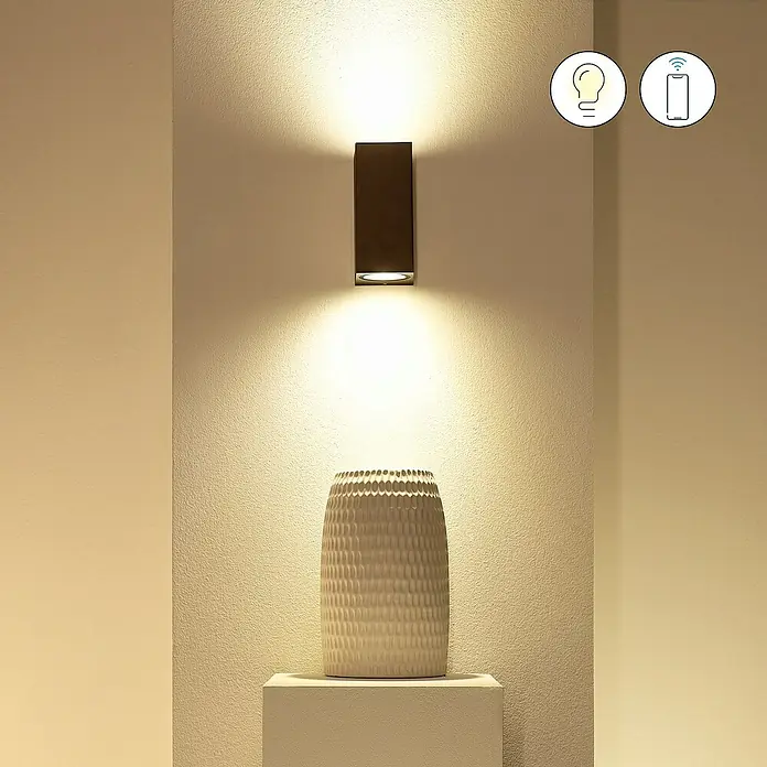 Philips Wiz LED-Außenwandleuchte Up & Down - 5 W, L x B x H: 9,2 x 6,8 x 15 cm, Schwarz, RGBW - Eine moderne Wandleuchte aus dunklem Metall strahlt warmes Licht aus, beleuchtet eine dekorative Vase und bietet intelligente Steuerung.