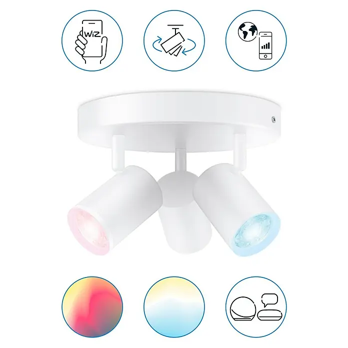 Philips Wiz LED-Deckenstrahler rund Imageo - 15 W, RGBW, Anzahl Leuchtmittel: 3 Stk., L x B x H: 21 x 21 x 12,3 cm, Weiß - Deckenleuchte mit drei Strahlern. Die Leuchte ist weiss und die Strahler sind farbig beleuchtet. Steuerung über eine App ist möglich.
