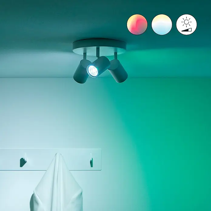 Philips Wiz LED-Deckenstrahler rund Imageo - 15 W, RGBW, Anzahl Leuchtmittel: 3 Stk., L x B x H: 21 x 21 x 12,3 cm, Weiß - Eine stilvolle Deckenleuchte mit drei Strahlern, die ein helles Licht in den Raum wirft, ideal für moderne Innenräume.