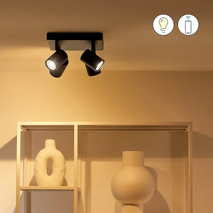 Philips Wiz LED-Deckenstrahler Imageo - 20 W, L x B x H: 22 x 22 x 12,3 cm, Schwarz, RGBW - Schwarze Deckenleuchte mit zwei Strahlern, die ein warmes Licht auf moderne Dekorationselemente wirft. Smart Home kompatibel.