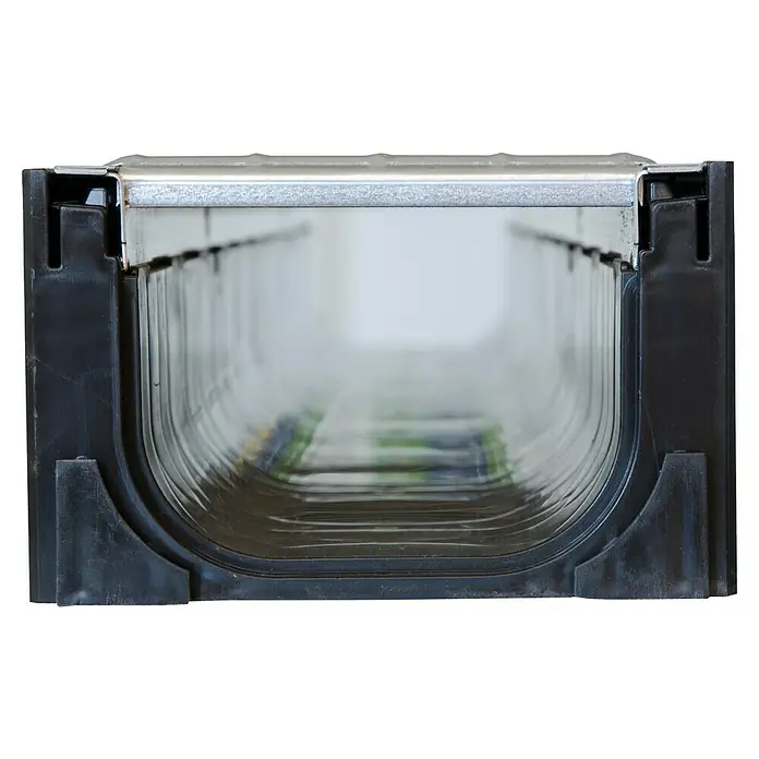 ACO Self Hexaline Kunststoffrinne - 100 x 12,9 x 8,1 cm, Schwarz, Material Rost: Stahl - Ein robuster Entwässerungskanal mit schwarzem Kunststoffrahmen und einer stabilen, verzinkten Oberseite für zuverlässige Ableitung von Oberflächenwasser.