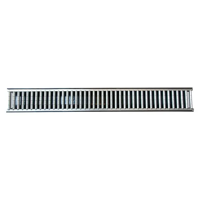 ACO Self Hexaline Kunststoffrinne - 100 x 12,9 x 8,1 cm, Schwarz, Material Rost: Stahl - Ein langes, silberfarbenes Rollenbandförderband mit vielen einzelnen Rollen.