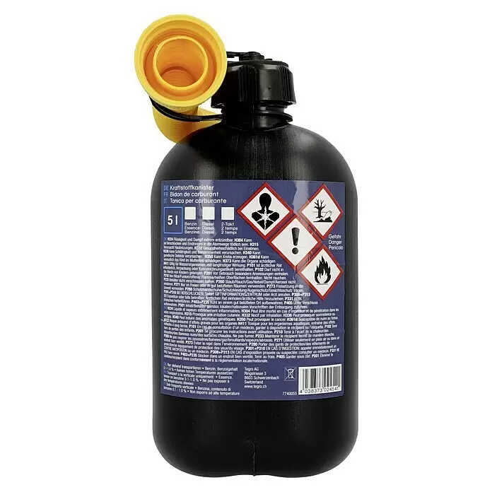 Benzinkanister - 5 l, Polyethylen - Schwarzer Kraftstoffkanister mit gelbem flexiblem Ausguss.