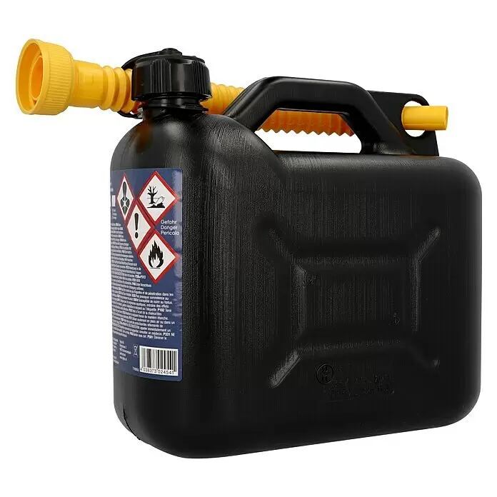 Benzinkanister - 5 l, Polyethylen - Schwarzer Kunststoff-Kraftstoffkanister mit gelbem flexiblem Ausgießer.
