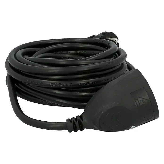 Voltomat Verlängerungskabel - 5 m, Schwarz, H05VV-F - Eine zusammengerollte, schwarze Verlängerungsleitung mit einem Stecker an einem Ende und einer Steckdose am anderen Ende.