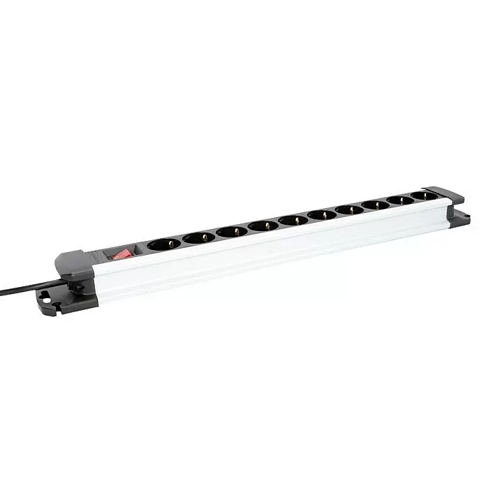 UniTEC Steckdosenleiste - Schwarz, Silber, Kabellänge: 2 m, Mit Schalter - Weiße und dunkelgraue 10-fach Steckdosenleiste mit rotem Schalter und Kabel.