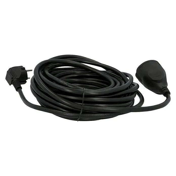 Voltomat Verlängerungskabel - 10 m, Schwarz, H05VV-F - Eine gerollte, schwarze Verlängerungsschnur mit Eurostecker und Kupplung, ideal für den Innen- und Außenbereich.