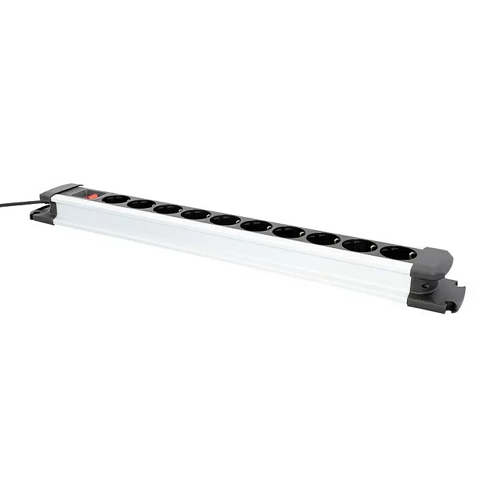 UniTEC Steckdosenleiste - Schwarz, Silber, Kabellänge: 2 m, Mit Schalter - Langer, weiß-schwarzer Mehrfachstecker mit 10 Steckdosen und rotem Schalter zur Stromverteilung.