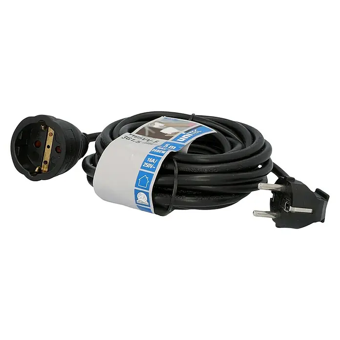 Voltomat Verlängerungskabel - 5 m, Schwarz, H05VV-F - Das Bild zeigt ein 5m langes Unitec Verlängerungskabel 16A/250V~ mit Stecker und Kupplung in Nahaufnahme.