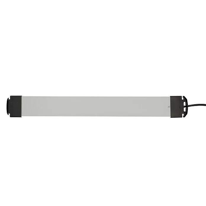 UniTEC Steckdosenleiste - Schwarz, Silber, Kabellänge: 2 m, Mit Schalter - Lineare LED-Leuchte mit grauem Gehäuse und schwarzen Endkappen, inklusive angeschlossenem schwarzem Stromkabel.