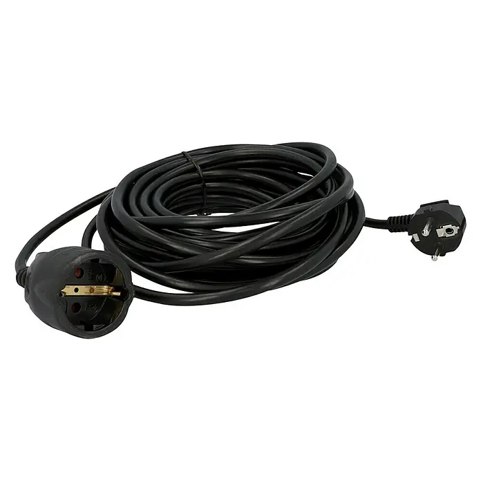 Voltomat Verlängerungskabel - 10 m, Schwarz, H05VV-F - Schwarzes Verlängerungskabel mit Schutzkontaktstecker und -kupplung auf schwarzem Hintergrund.