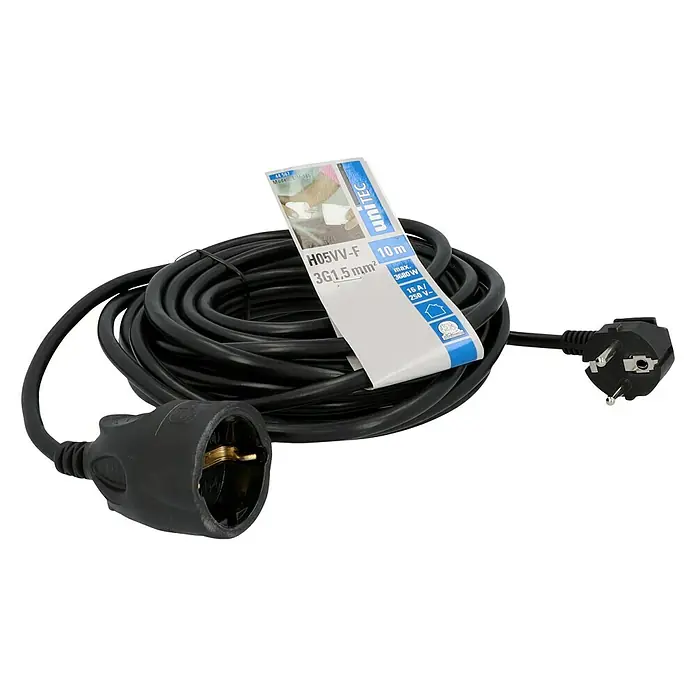 Voltomat Verlängerungskabel - 10 m, Schwarz, H05VV-F - Schwarzes UNITEC Verlängerungskabel, 10m lang, mit Schutzkontaktstecker und -kupplung, ideal für den Innenbereich.