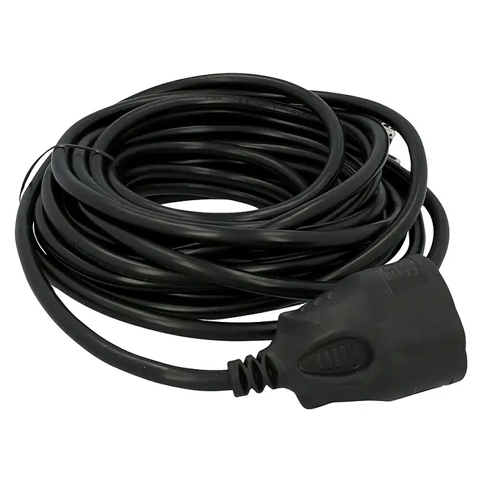 Voltomat Verlängerungskabel - 10 m, Schwarz, H05VV-F - Schwarzes Verlängerungskabel aufgerollt mit einem Stecker am Ende, isoliert auf einem schwarzen Hintergrund.