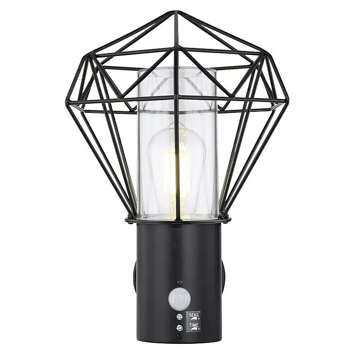 Globo Horace Außenwandleuchte - 15 W, L x B x H: 22,5 x 22,5 x 34 cm, Schwarz, IP44, Nicht Dimmbar - Elegante schwarze Außenleuchte mit Bewegungsmelder. Robustes Design mit einem klaren Zylinder und einem dekorativen Käfig. Ideal für Hof und Garten.