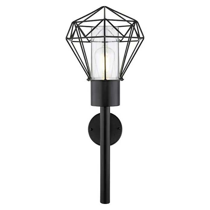 Globo Horace Außenwandleuchte - 15 W, L x B x H: 22,5 x 22,5 x 28,5 cm, Schwarz, IP44, Nicht Dimmbar - Stylische schwarze Wandleuchte mit geometrischem Käfig und Glaszylinder für ein modernes Ambiente.