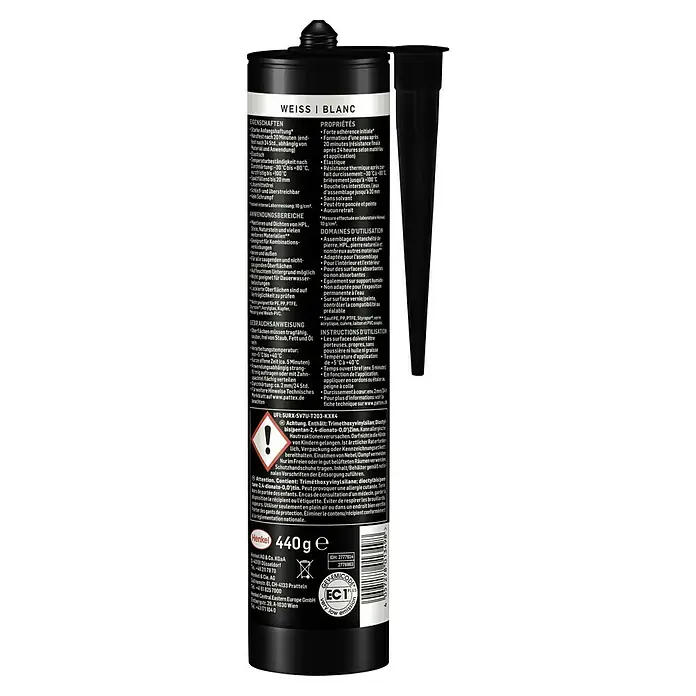 Pattex Montagekleber Express - 440 g - Abbildung einer Kartusche Pattex Montagekleber Weiss/Blanc, ideal zum Kleben verschiedener Materialien im Innen- und Aussenbereich.