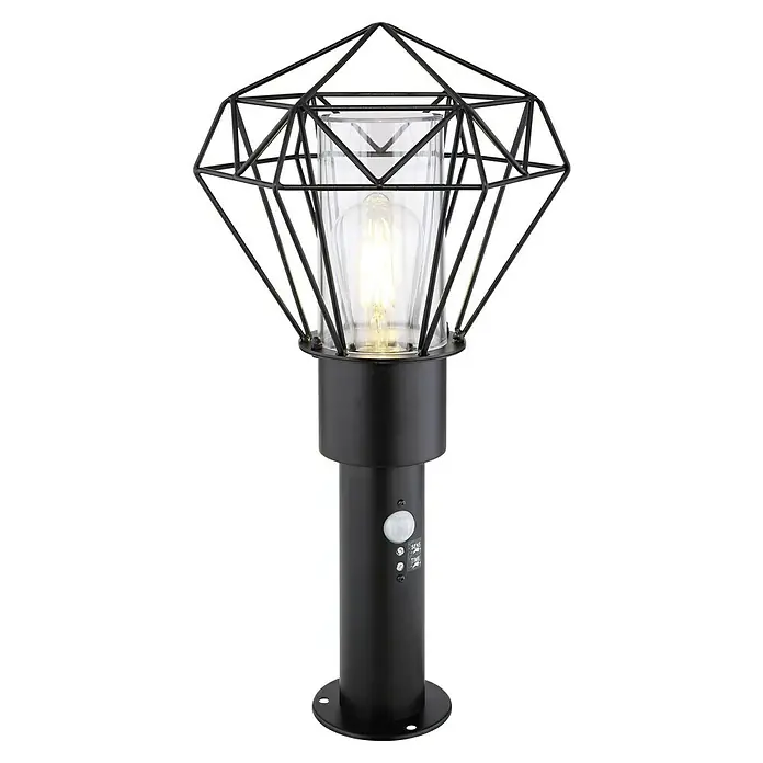 Globo Horace Außenstehleuchte - Netzbetrieben, 15 W, Farbe Gehäuse: Schwarz, 22,5 x 25,5 x 50 cm, Ohne Leuchtmittel - Elegante schwarze Gartenlaterne mit einem geometrischen Schirm und einer warm leuchtenden Glühbirne, ideal für stimmungsvolle Beleuchtung.