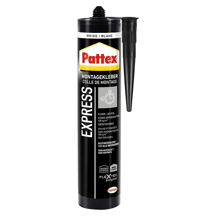Pattex Montagekleber Express - 440 g - Produktbild von Pattex Express Montagekleber, weiß, mit starker Anfangshaftung und für alle Materialien geeignet.
