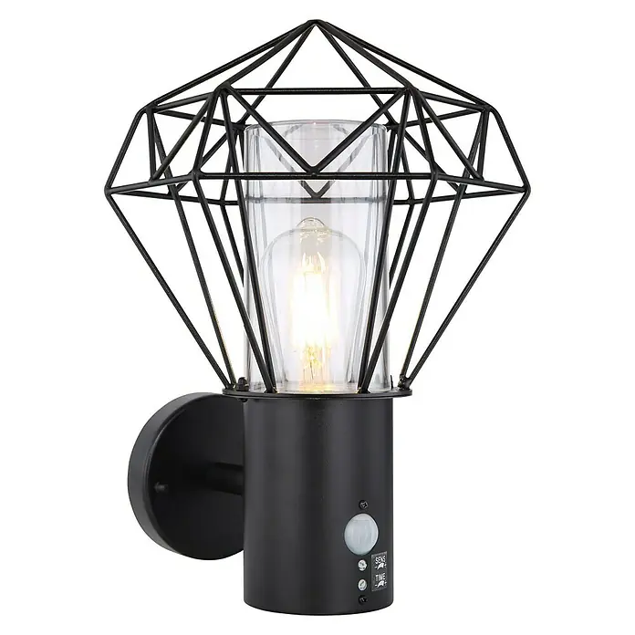 Globo Horace Außenwandleuchte15 W, L x B x H: 22,5 x 22,5 x 34 cm, Schwarz, IP44, Nicht Dimmbar - Eine elegante schwarze Wandleuchte mit einem modernen, geometrischen Lampenschirm und klarem Glaseinsatz. Die Leuchte strahlt warmes Licht aus.