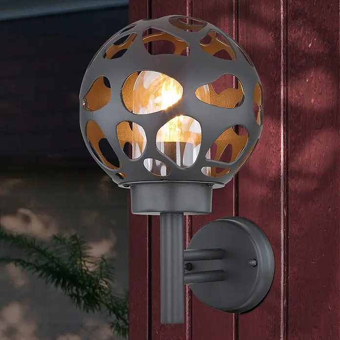 Globo Außenwandleuchte - 15 W, L x B x H: 20 mm x 20 cm x 32,7 cm, Anthrazit, IP44, Ohne Leuchtmittel - Wandleuchte mit kugelförmigem Lampenschirm mit Ausschnitten, die ein warmes Licht abgibt und eine gemütliche Atmosphäre schafft.