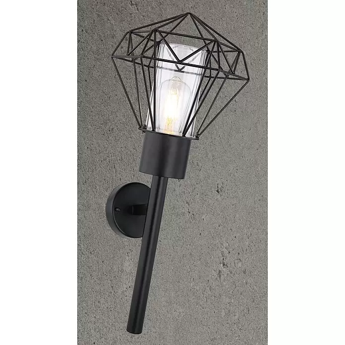 Globo Horace Außenwandleuchte - 15 W, L x B x H: 22,5 x 22,5 x 28,5 cm, Schwarz, IP44, Nicht Dimmbar - Schwarze Wandleuchte aus Metall mit geometrischem Drahtkäfigschirm und klarem Glaszylinder für eine beleuchtete Glühbirne.