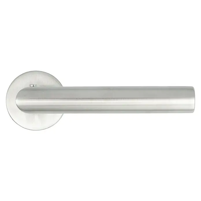 Diamond Doors Zimmertürgarnitur Moderna Smart2lock - Stärke Tür: 38 mm - 45 mm, Edelstahl, L-Form, Edelstahl matt, DIN Anschlag: Rechts, Passend für: Türen ohne Schlüssellochbohrung, Türen mit Schlüssellochbohrung benötigen zusätzlich eine Blindrosette - Nahaufnahme eines Türgriffs aus gebürstetem Edelstahl. Das moderne Design umfasst eine runde Rosette und einen zylindrischen Griff.